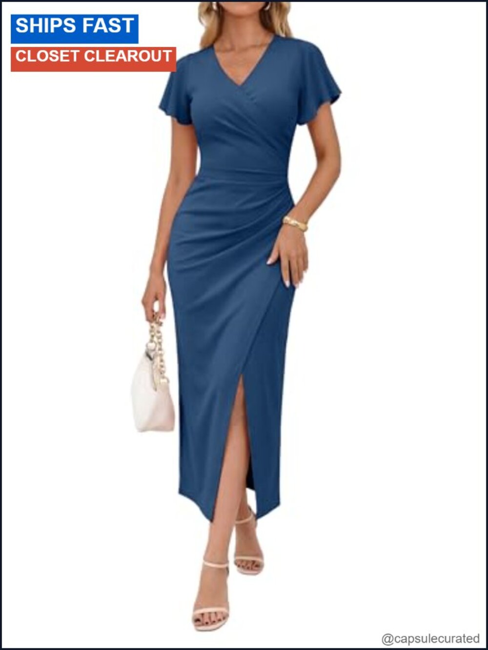 Faux Wrap V Neck Ruffle Sleeve Bodycon Ruched Side Slit Maxi Cocktail Dress